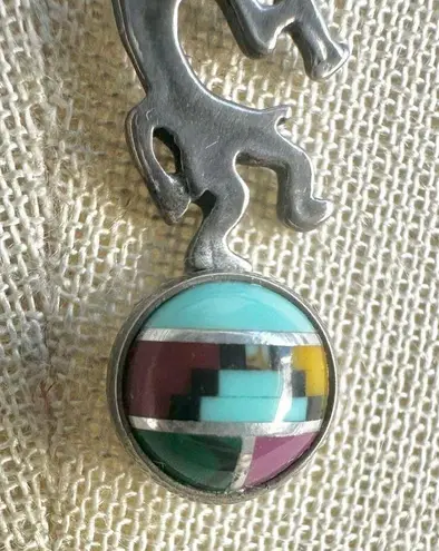 Sterling Silver Southwest Turquoise and other Stones Inlayed Kokopelli Pendant Nec