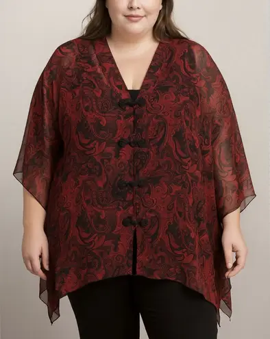 Maggie Barnes Red Black Paisley Glitter Sheer 3/4 Sleeve Button Blouse Size 5X