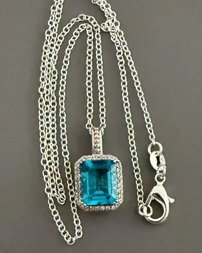 Signed MC Solid Sterling Silver Blue Clear CZ Pendant w/ Sterling Silver Plate