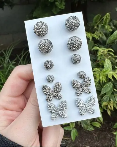 6 Butterfly & Ball Stud Earrings Dark Silver // Lot, Bundle, Set