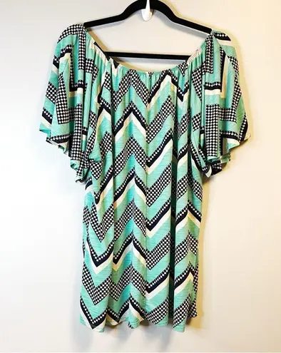 Naïf Blouse Black Teal & White Chevron Scoop Neck Flutter Sleeve Top Sz 2X EUC