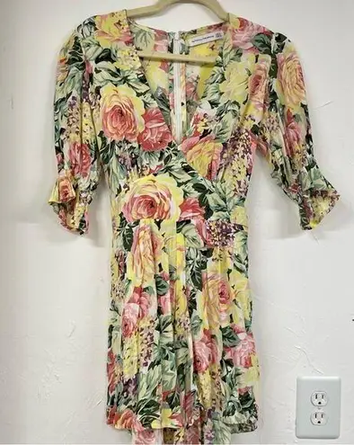 Faithfull the Brand Yellow Pink Floral Romper Womens 2 Puff Short Sleeve Ana