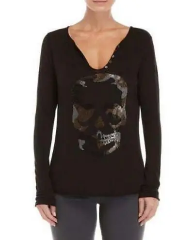 Zadig & Voltaire Women’s Tunisien Skull Strass Beaded Henley Black Cotton Top