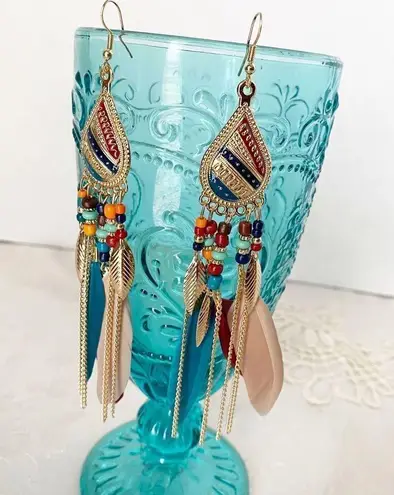 Long Bohemian Feather Chain Earrings Gold