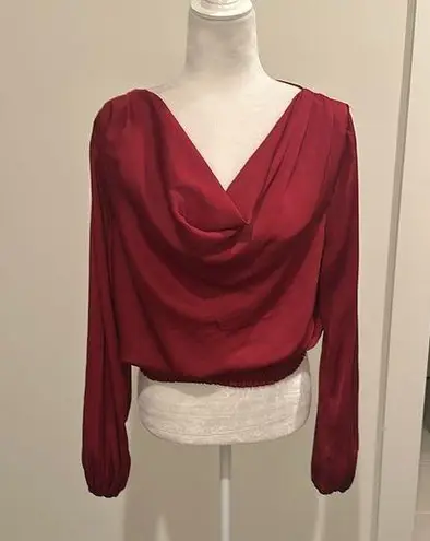 Glam NWT Cowl Neck Banded Bottom Red Satin Blouse Sz L