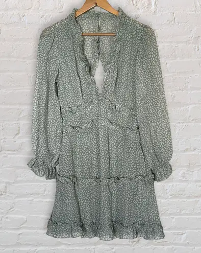 Floral Deep V Neck Ruffle Tiered Mini Dress Womens Green Long Sleeve Open Back