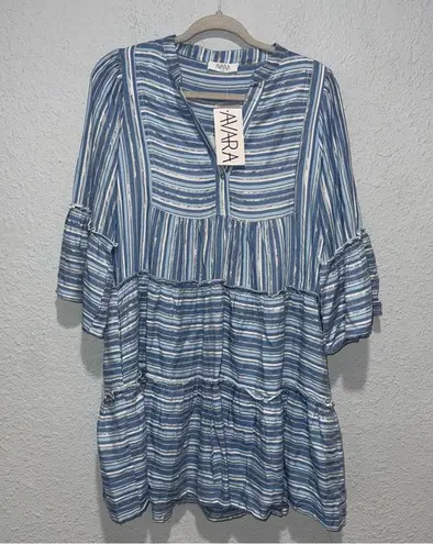 NEW Avara Libby Dress Coastal Cowgirl Stripe Tiered Mini Boho Beach Resortwear S Blue