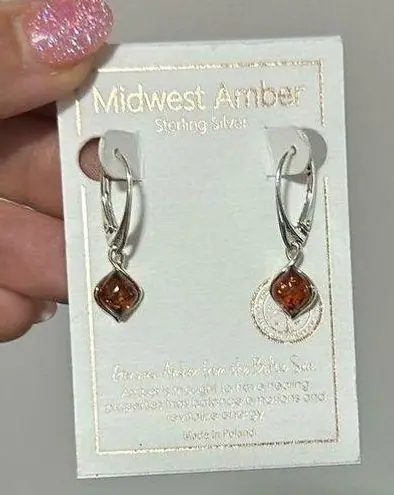 Midwest Baltic Amber dainty Sterling Silver Drop Lever Back Earrings