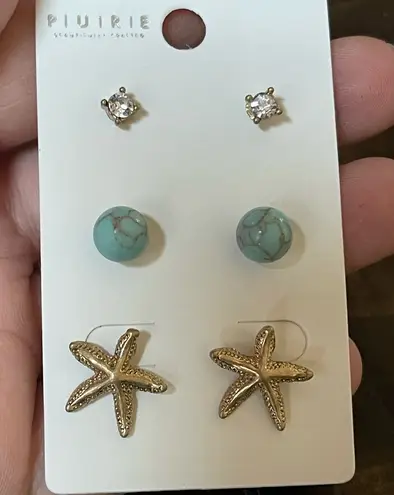 Boutique Gold Tone Turquoise and Crystal Starfish Stud Earring Trio Set
