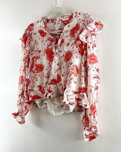 Maeve Floral Print Long-Sleeve Lace-Up Ruffled Sheer Blouse White Red Small P