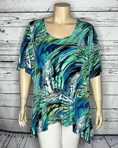 Hemline Avenue Size 26/28 Green & Blue Watercolor Print Asymmetrical Blouse Top