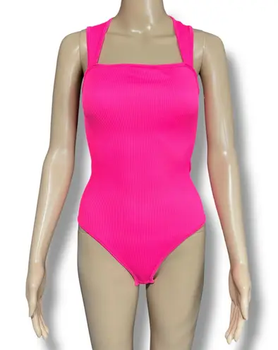 OQQ Womens Bodysuit Sexy Ribbed Square Neck Tummy Control Tank Top Pink Medium