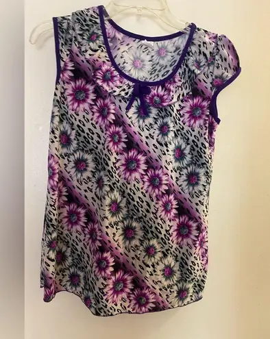 Womens Top Blouse M Medium Floral & Leopard Print Purple Black White