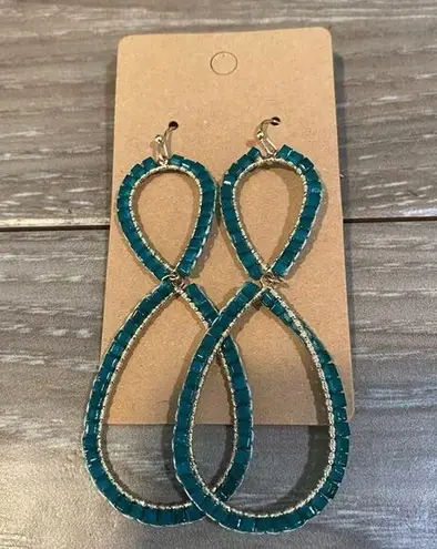 None Green Beaded Double Hoop Dangle Earrings NWOT