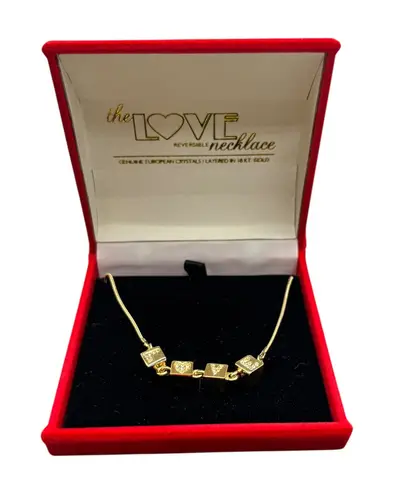 The Love Necklace Gold Tone Reversible Cube Letter & Heart Crystal Pendant