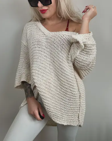 Free People cotton crochet oversize bohemian vneck sweater