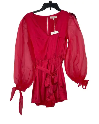 Fanco Women Romper Sheer V Neck Lace Long Sleeve Tie Waist Red Sz. Medium NWT