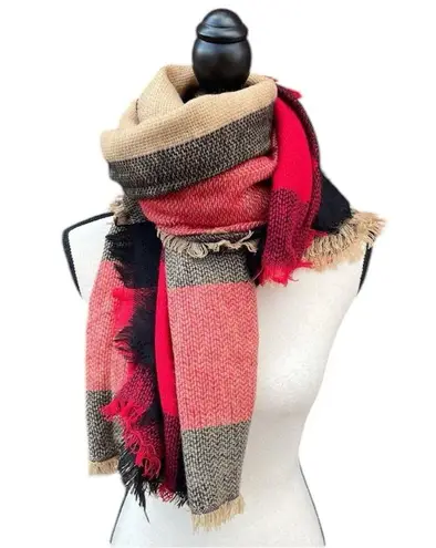 Oversized Plaid Fringe Warm Cozy Winter Fall Scarf Red Black Tan