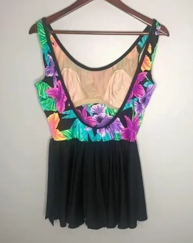 Vintage 60's 70's floral bathing suit skirt dress Black Size L