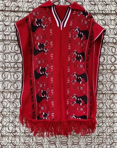 Vintage deer head fringe poncho knit sweater poncho Red Size L