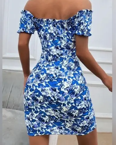 Revamped Blue Stretchy Soft Off Shoulder Floral Mini Dress