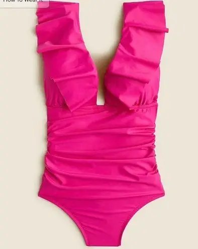 J.Crew NWT  Women's Pink Ruched Ruffle One-Piece Swimsuit Size 0 Poolside Beach thumbnail 1