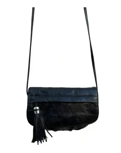 Vintage Crossbody Black Leather Bag Purse Floral Embossed Leather with Tassel