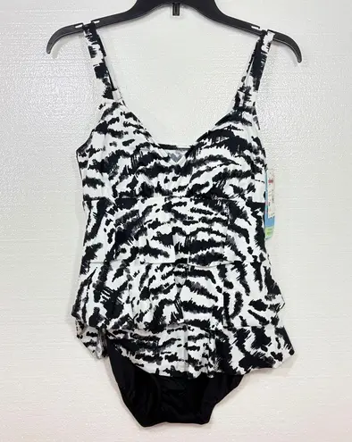 SWIM SOLUTUIONS NWT $102 Tiered Ruffle faukini one piece swimsuit 10 M Black Size M