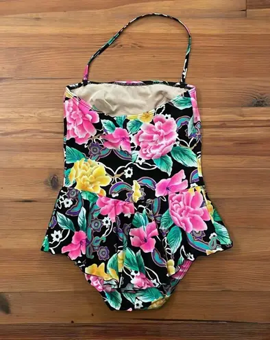 WonderBra by Christina Vintage Black Floral Swimsuit Womens Size 14 36BC Ruffle