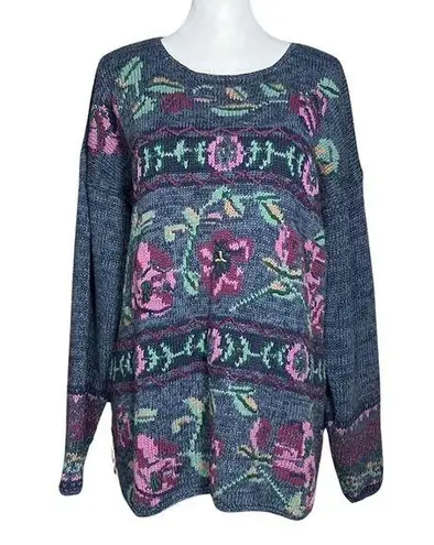 90s Vintage Cottagecore Blue Purple Floral Hand Knit Sweater. Sz M. Grandmacore Size M