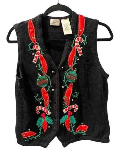 Vintage 90's Ugly Christmas Vest Size Medium Knit Holly Candy Cane Beads Holiday Black