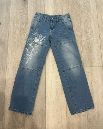 super adorable y2k grunge acubi heart baggy washed jeans Blue