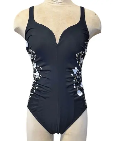 MiracleSuit Swimsuit Temptress One Piece Black Gold White Geometric 10 12