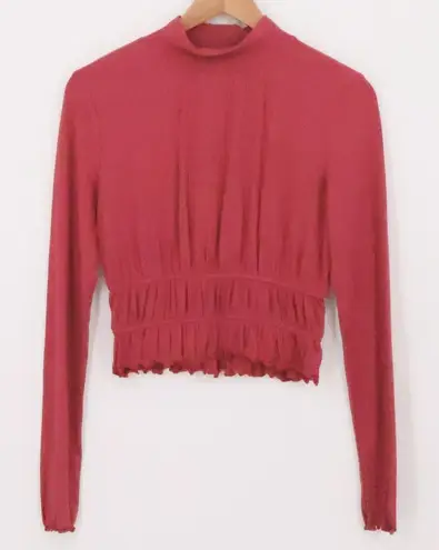 Lost + Wander Lost Wander Raspberry Ribbed Mock Neck Top Smocked Crop Waist NWT USASize XS