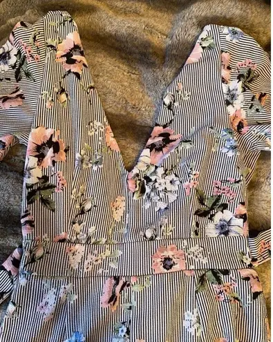 Open Back Floral Striped Romper with Tie