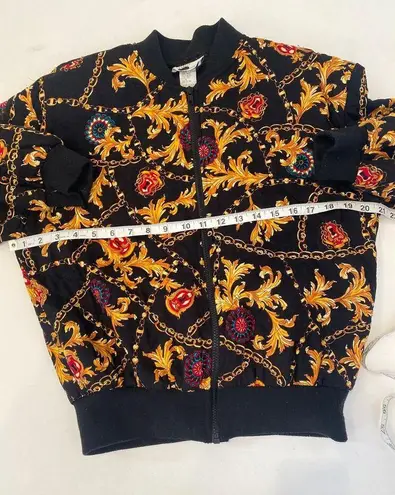 First Option Vintage Status Print Quilted Zipper Jacket EUC Sz M Rayon Gold Blk Size M