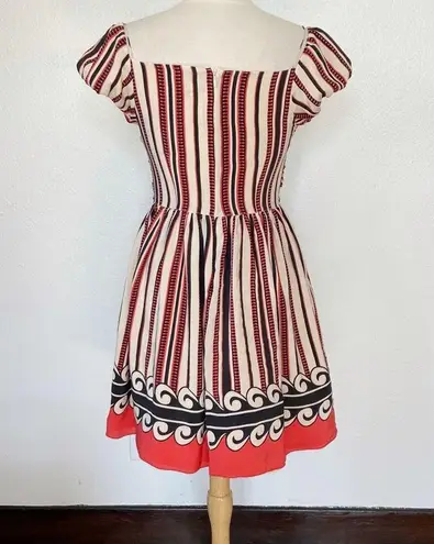 Anna Sui Beige Striped V-Neck Off The Shoulder Silk Dress