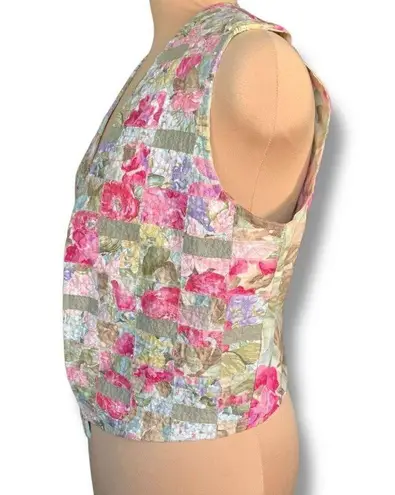 Vintage Patchwork Quilted Pink Floral Open Front Vest Handmade Cottagecore OOAK Size M