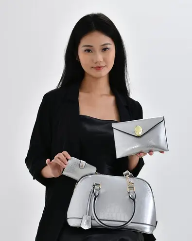 Faux Leather Croc Embossed Metallic Shoulder Bag, Crossbody Bag, Card Holder Silver