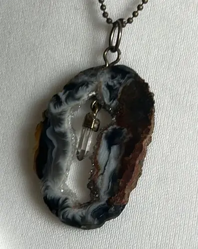 Sliced Orca Agate Geode Gemstone Pendant Necklace on 18” Ball Chain Brown