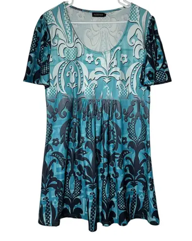 Reborn Dress Womens 1X Blue Damask Print Short Sleeve Pullover Summer Party