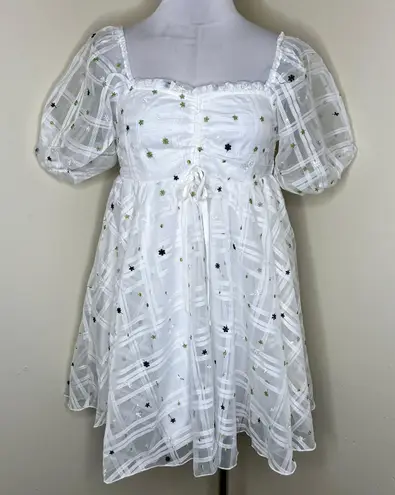 NWT BaeVely Babydoll Dress SMALL White Embroidered Mini Tulle Smocked Fairycore