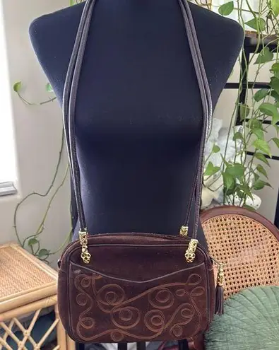 Vintage Yenko Italy Brown Suede Embroidered Top Zip Crossbody Bag Purse