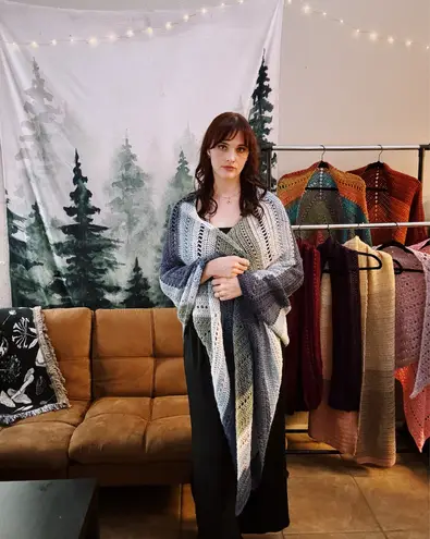 Handmade Elegant Multicolor (Blue, Green, and Cream) Crochet Shawl