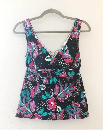 Anne cole  Tankini Top Multicolored Swimwear TOP ONLY Sz M EUC Floral Pink Black