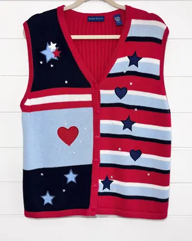 Karen Scott Americana Knit Sweater Vest Size L Red White Blue Stars & Stripes