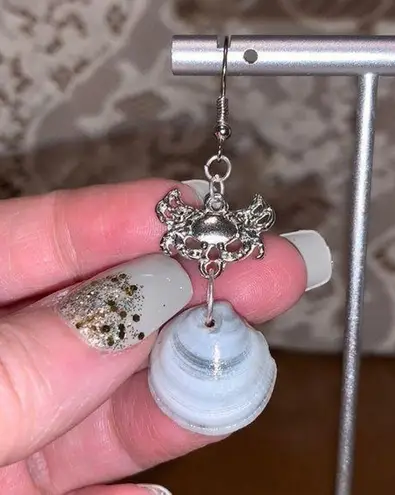 Handmade Dangle Earrings Genuine Handcrafted Seashell Crab Shades of Blue Gray Coastal