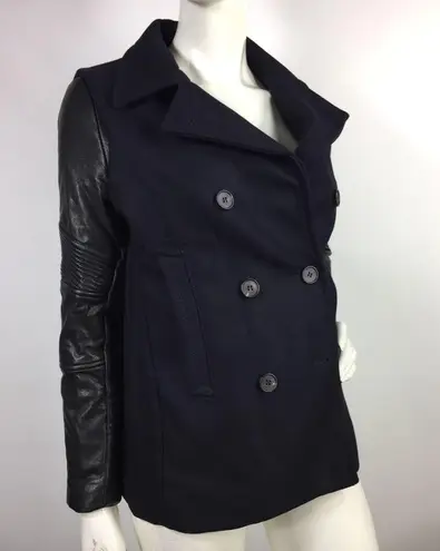 All Saints Zaskia Pea Coat Navy Wool Black Leather
Sleeves Double Breasted