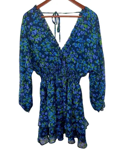 The Kooples Size 2 100% Silk Blue Floral Ruffle Dress Flowy Long Sleeve Cocktail