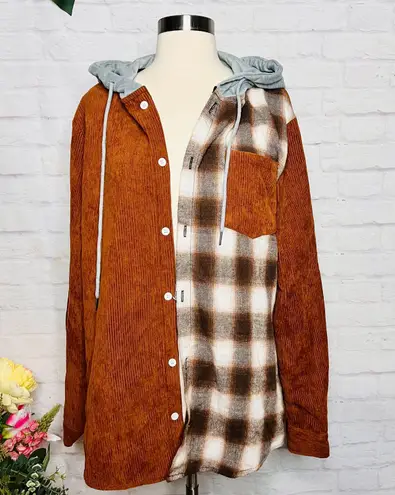 Boutique Cord & Plaid Hooded Shacket